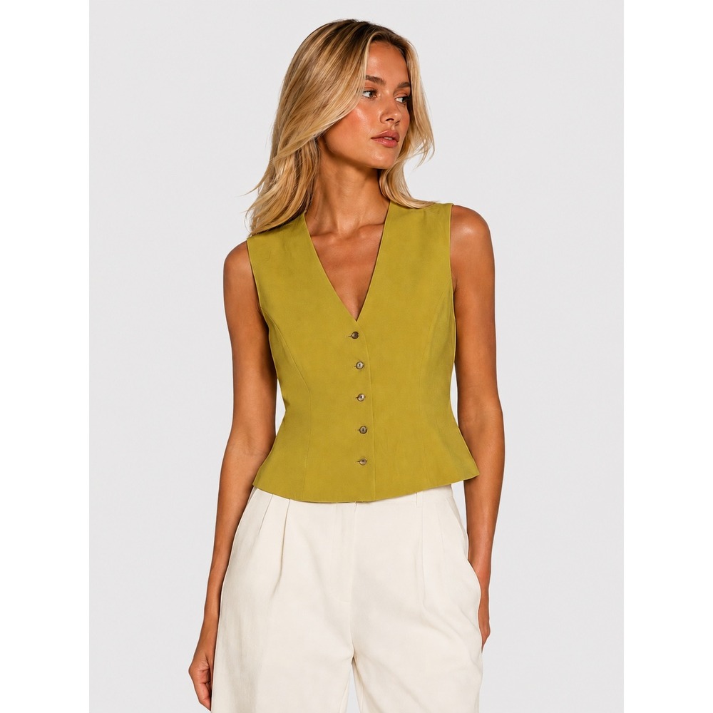 Classiques Entier 100% Silk Tailored Front Button Vest Green Yellow L NWOT